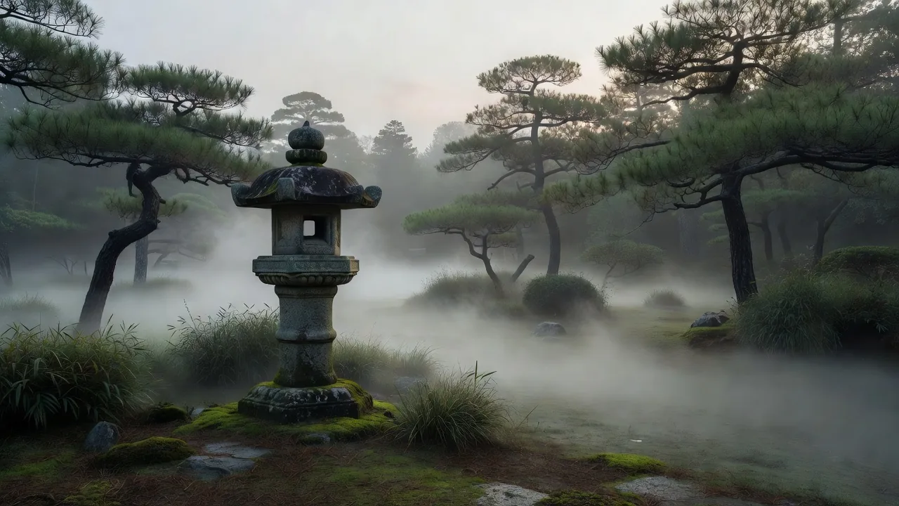 霧の中の石灯籠